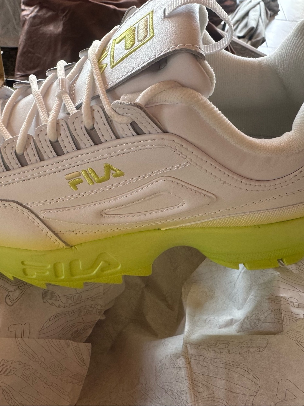 Fila Disruptor II White Sneakers with Neon Lime Sole and Accents